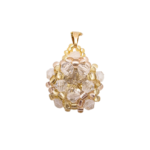 Handmade champagne crystal cluster pendant featuring a large champagne faceted centre crystal surrounded by clear crystals and golden yellow bead accents throughout, with a gold-tone bail, photographed on a white background.