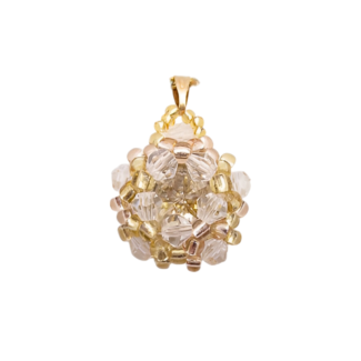 Handmade champagne crystal cluster pendant featuring a large champagne faceted centre crystal surrounded by clear crystals and golden yellow bead accents throughout, with a gold-tone bail, photographed on a white background.