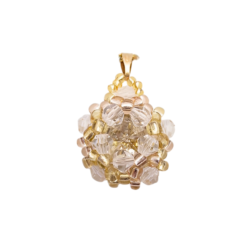 champagne-crystal-pendant-main Handmade champagne crystal cluster pendant featuring a large champagne faceted centre crystal surrounded by clear crystals and golden yellow bead accents throughout, with a gold-tone bail, photographed on a white background.