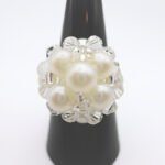 White pearls and crystal large cocktail ring handmade