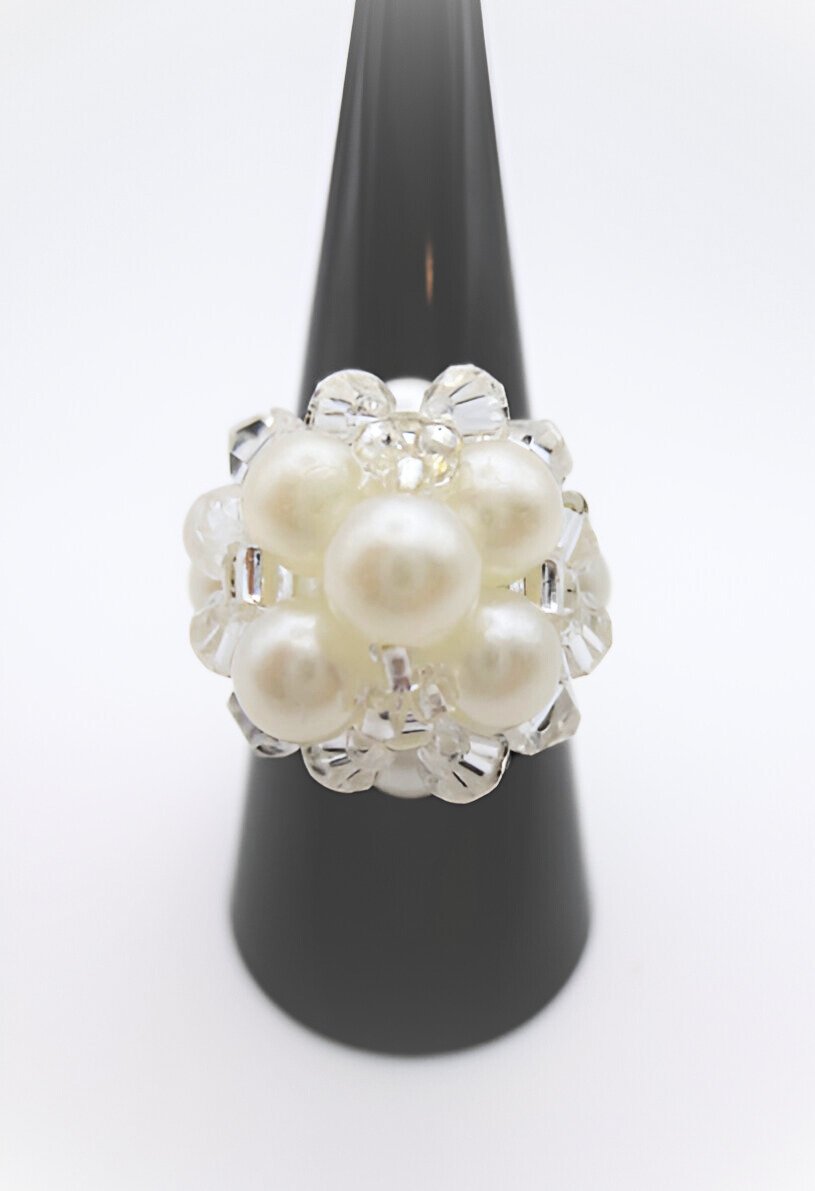 White pearls and crystal large cocktail ring handmade