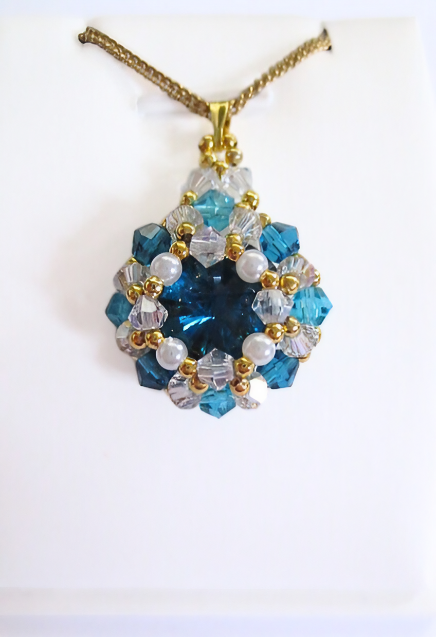 Large crystals pearls ocean blue pendant handmade jewellery jewelry