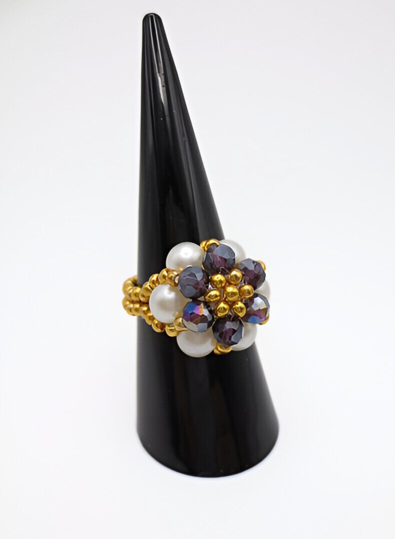 Crystal pearl floral ring handmade handcrafted