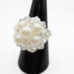 White pearls and crystal large cocktail ring handmade