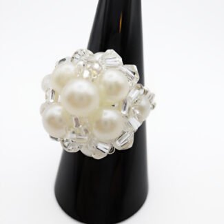 White pearls and crystal large cocktail ring handmade