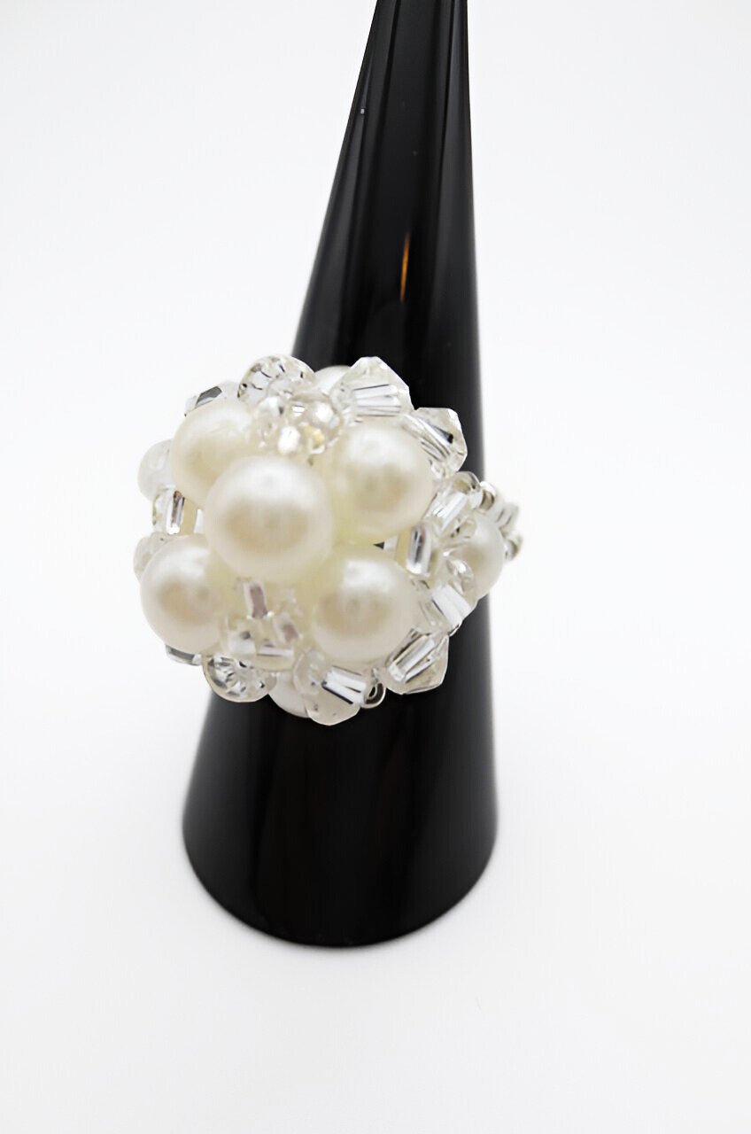 White pearls and crystal large cocktail ring handmade