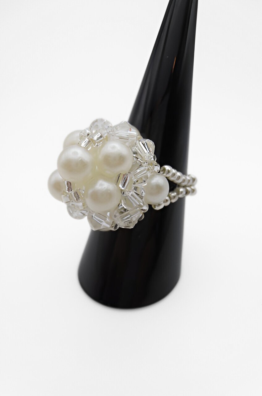 White pearls and crystal large cocktail ring handmade