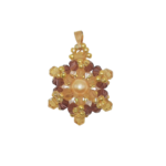 Crystal and pearl pendant with a champagne centre pearl surrounded by warm champagne faceted crystals and an outer ring of purple crystals, accented throughout with gold beads, and a gold-tone bail, photographed on a white background.