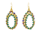 Handmade beaded hoop earrings with emerald green crystals, iridescent rainbow crystal beads, and gold seed beads on gold-tone ear wires, shown on white background.