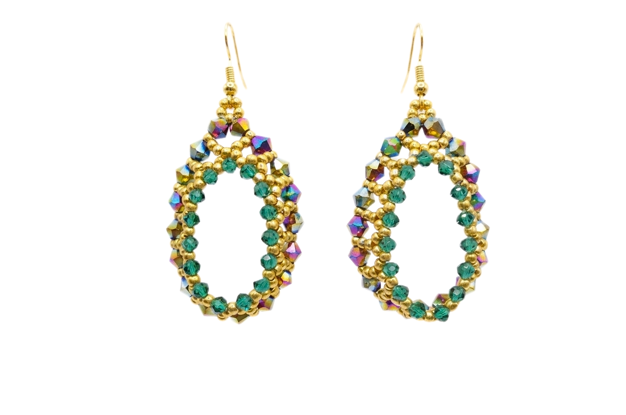 teardrop-hoop-earrings-main Handmade beaded hoop earrings with emerald green crystals, iridescent rainbow crystal beads, and gold seed beads on gold-tone ear wires, shown on white background.