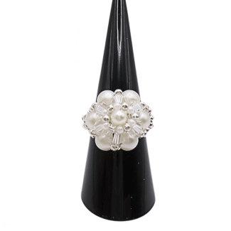 White pearl crystal ring handmade handcrafted