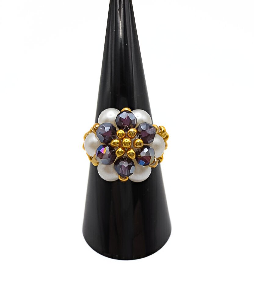 Crystal pearl floral ring handmade handcrafted