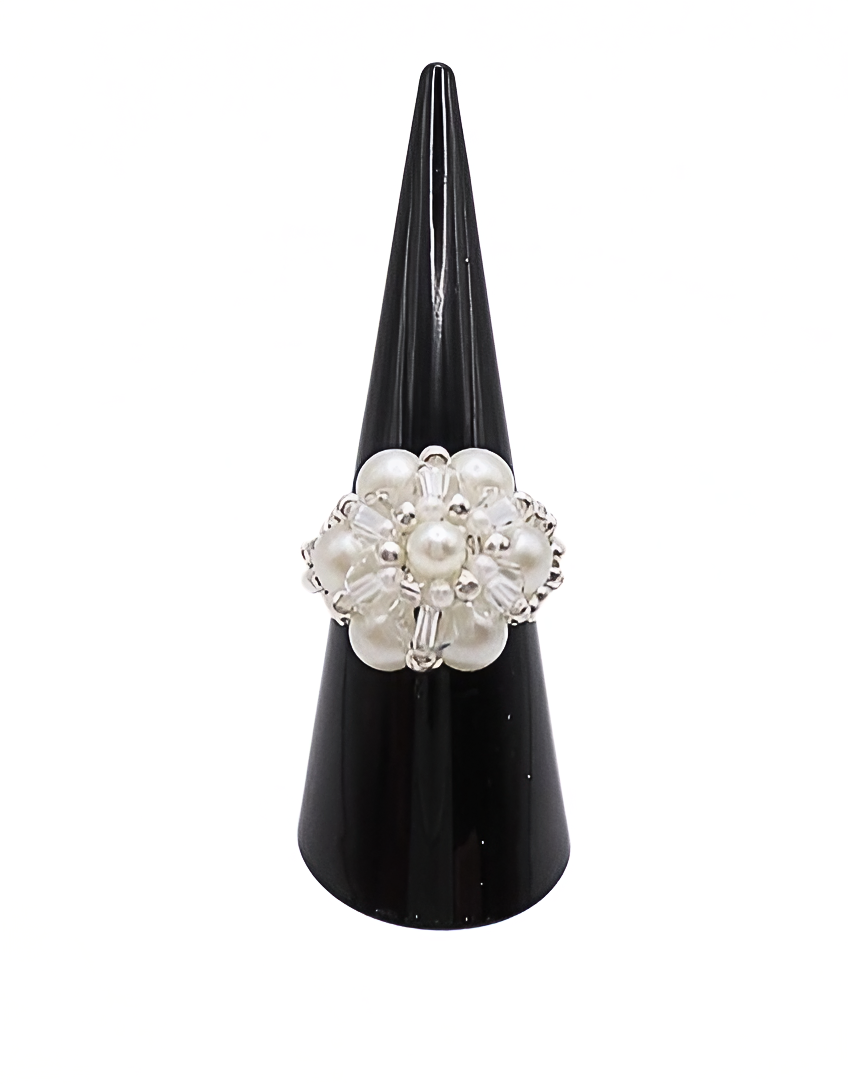 White pearl crystal ring handmade handcrafted