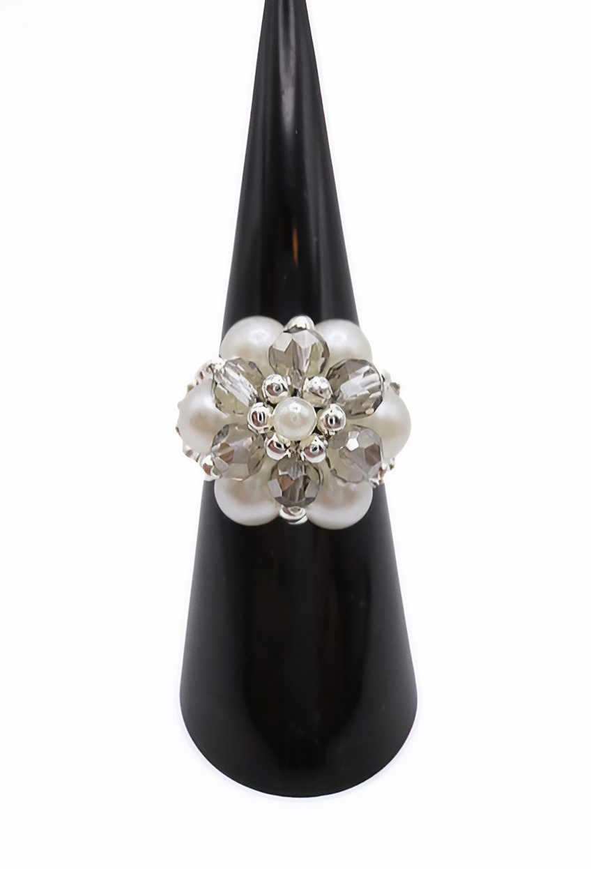 Crystal pearl floral ring handmade handcrafted