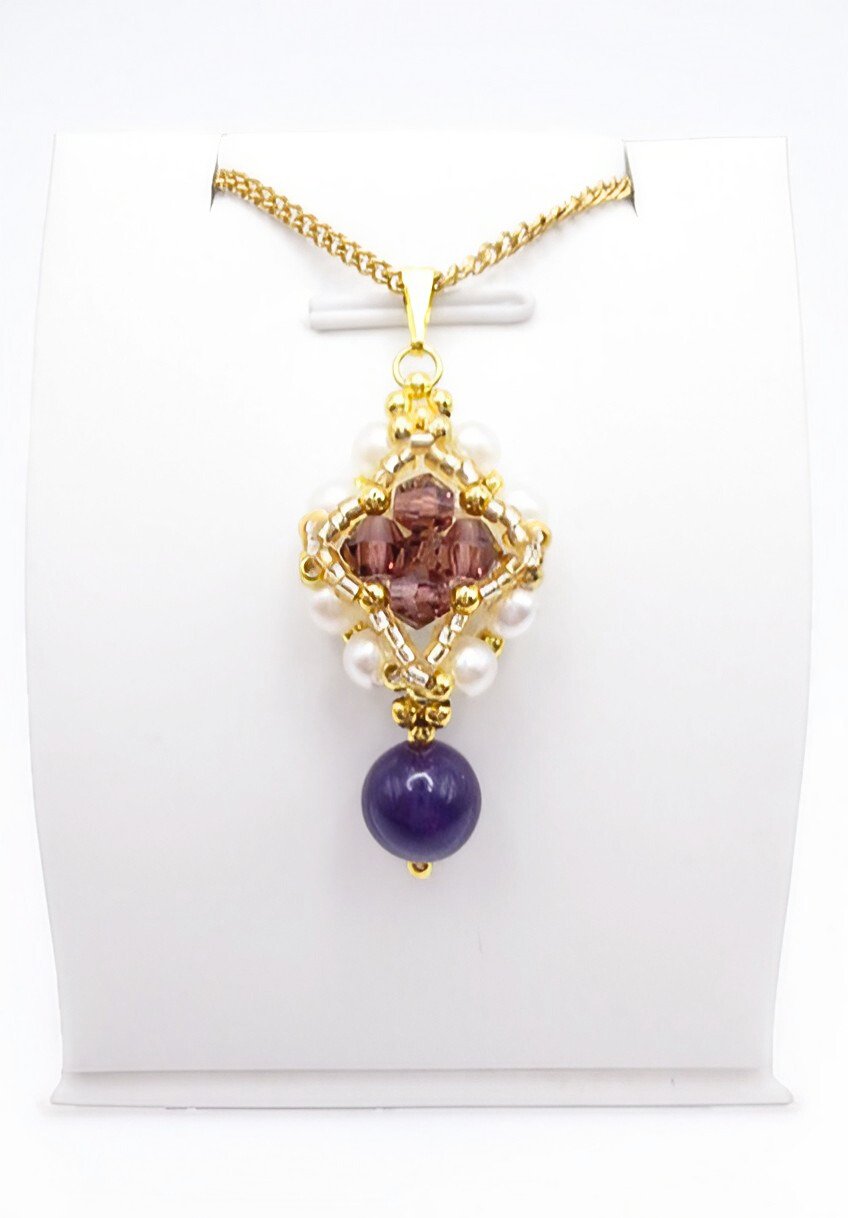 Crystal pearl gemstone pendant purple amethyst drop