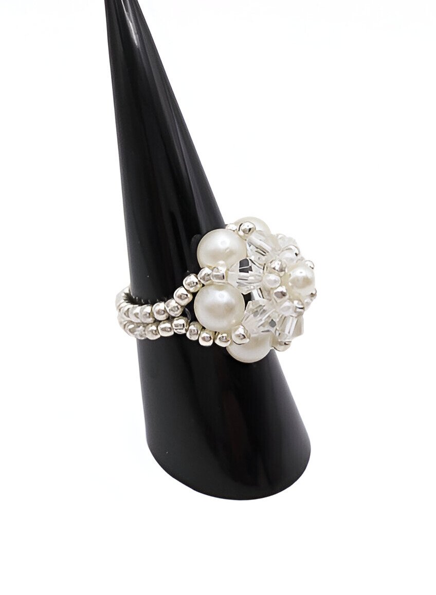 White pearl crystal ring handmade handcrafted