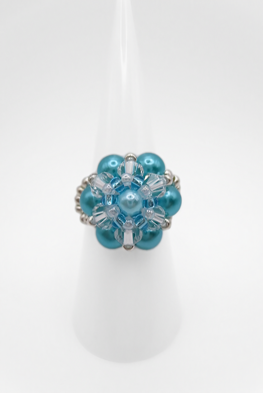 Blue pearl crystal ring handmade handcrafted