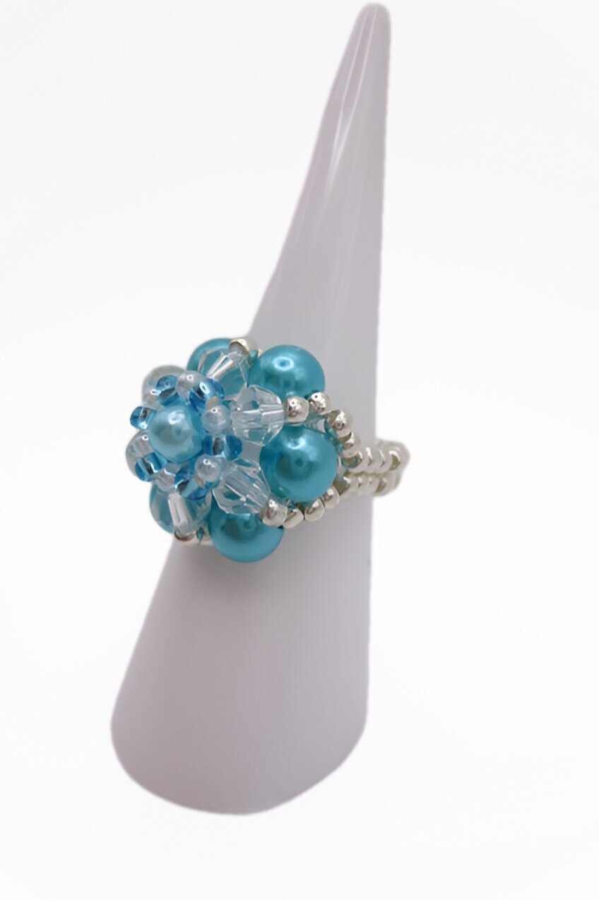 Blue pearl crystal ring handmade handcrafted
