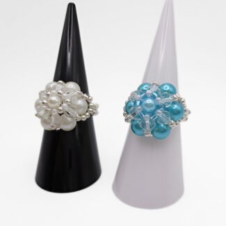 Blue white pearl crystal ring handmade handcrafted