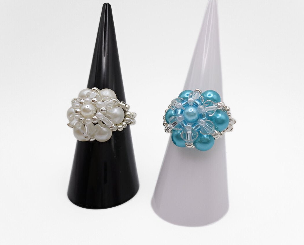 Blue white pearl crystal ring handmade handcrafted