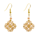 Double-layered golden crystal beaded drop earrings with pearl accent and gold ear wire, woven crystal pendant on white background