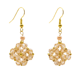 Double-layered golden crystal beaded drop earrings with pearl accent and gold ear wire, woven crystal pendant on white background