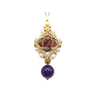 Handmade purple drop pendant featuring a diamond-shaped top section with purple faceted crystals, white freshwater-style pearls and gold seed bead accents, suspending a smooth violet gemstone drop bead, photographed on a white background.