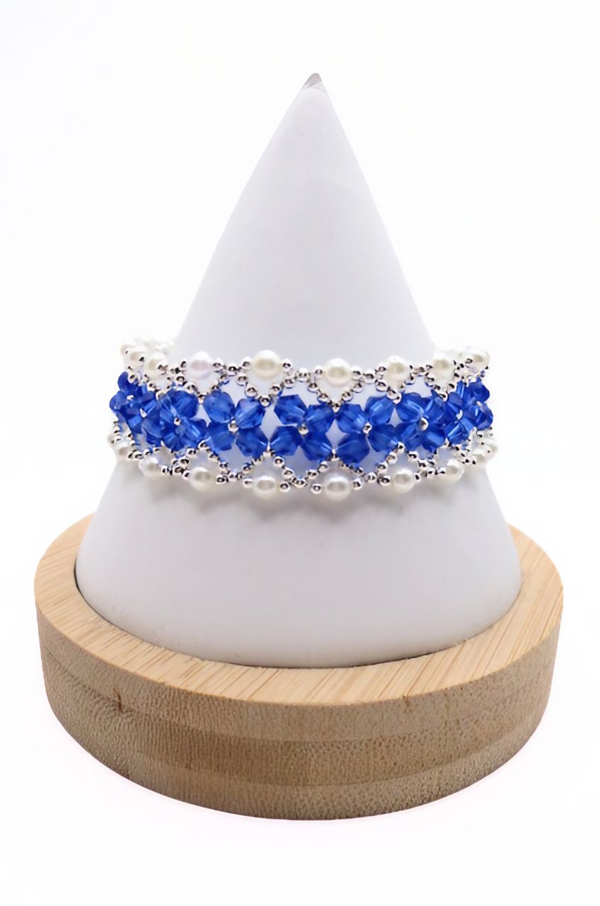 Bracelet - blue crystal white pearl handmade jewellery jewelry