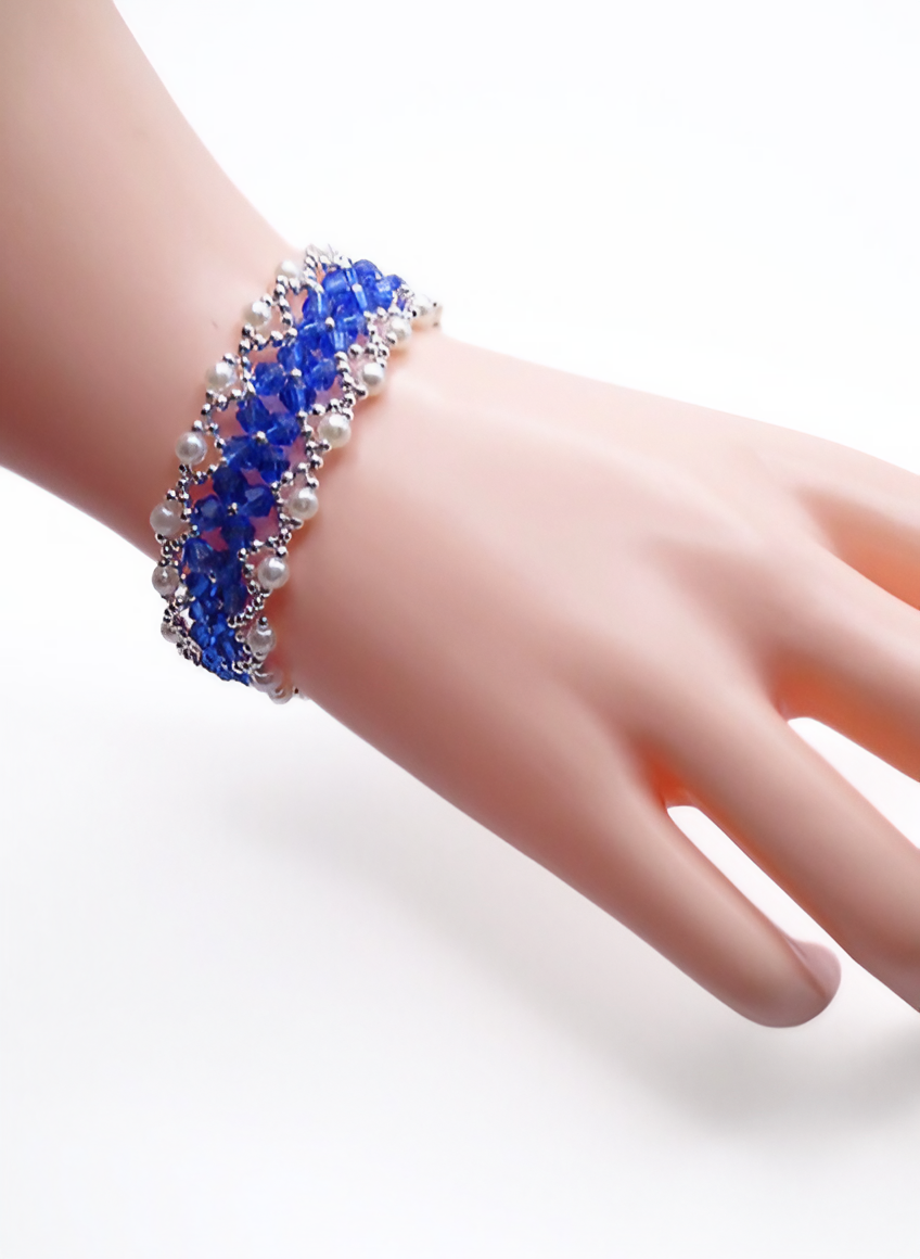 Bracelet - blue crystal white pearl handmade jewellery jewelry
