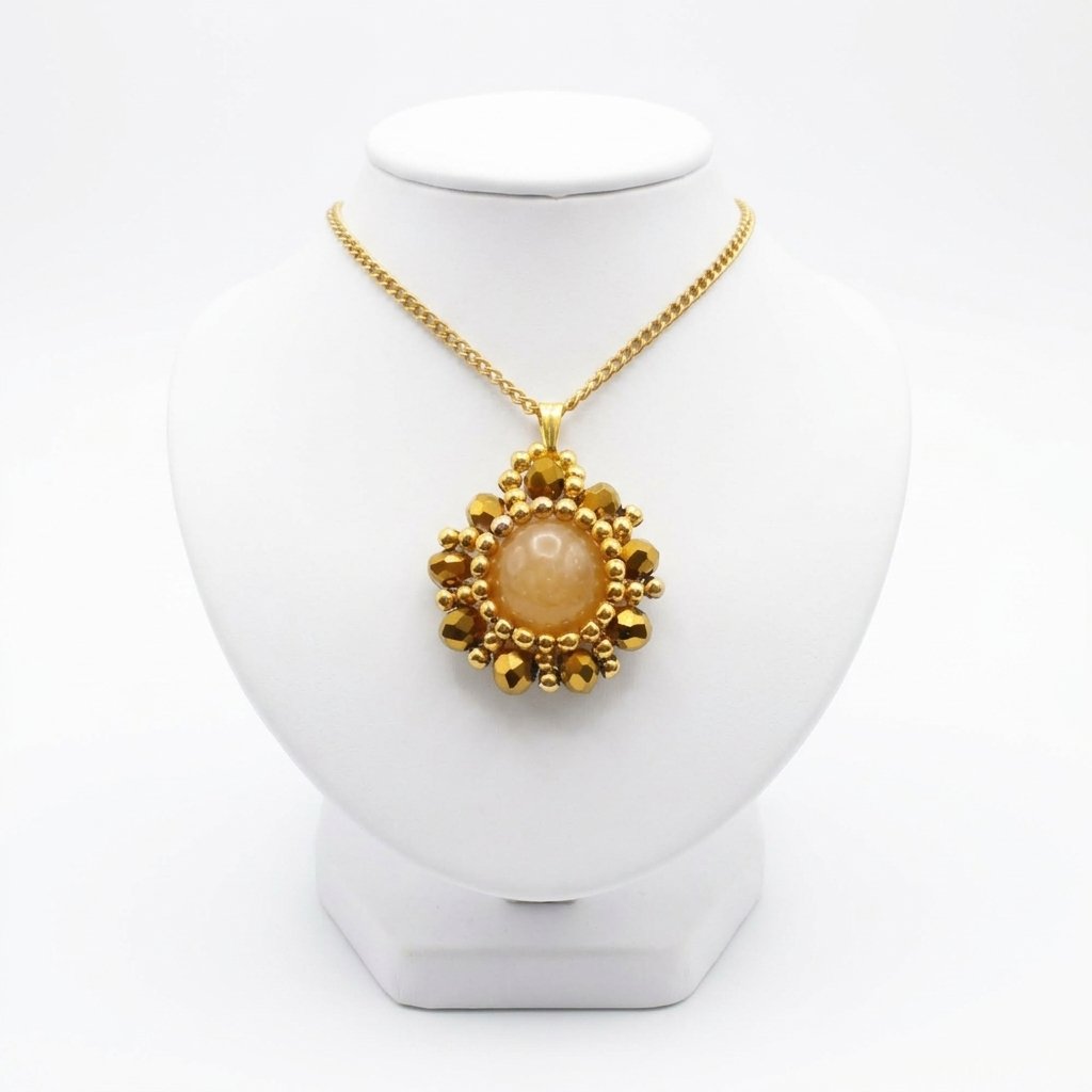 tourmaline-pendant-display-front Handmade reversible tourmaline pendant front view featuring a smooth round peach tourmaline centre stone encircled by metallic gold-plated faceted crystals and gold bead accents in a sunburst floral design, with a gold-tone bail, shown on a white display stand.