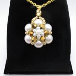 Pendant gold crystals white pearls handmade jewellery jewelry