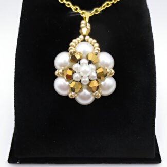 Pendant gold crystals white pearls handmade jewellery jewelry