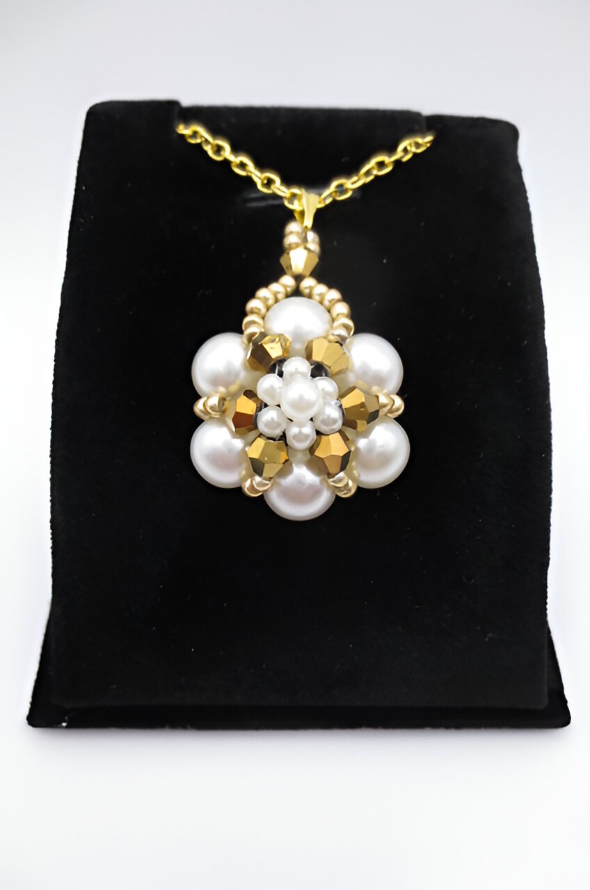 Pendant gold crystals white pearls handmade jewellery jewelry