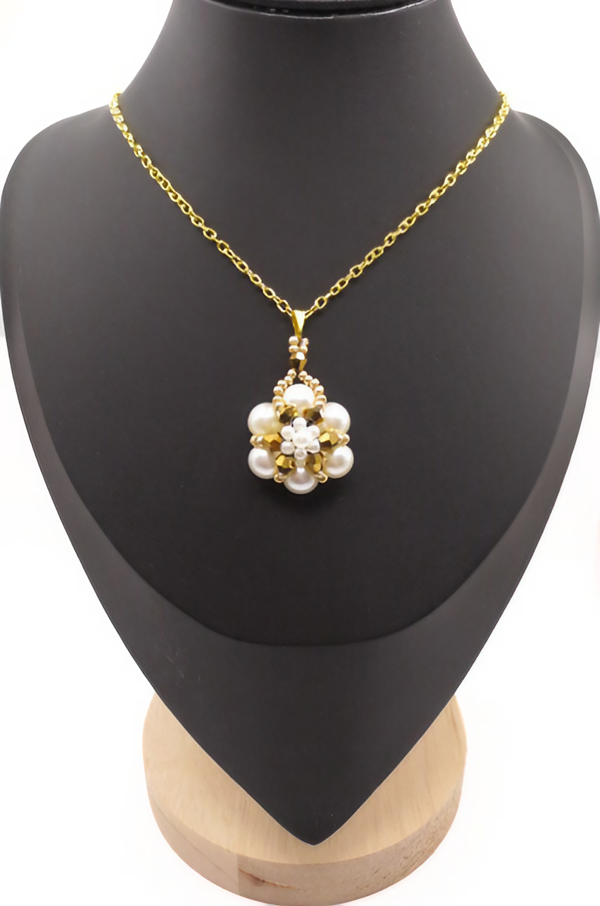 Pendant gold crystals white pearls handmade jewellery jewelry