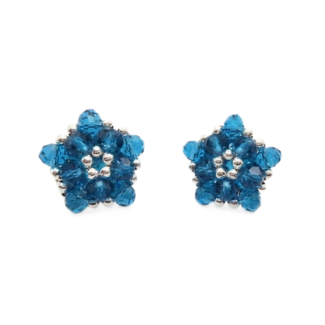 Ocean blue crystal cluster stud earrings with silver-tone accents, handmade star floral beaded design, , shown against a white background