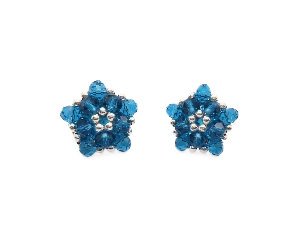 Ocean blue crystal cluster stud earrings with silver-tone accents, handmade star floral beaded design, , shown against a white background