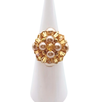 Handmade gold crystal and mocha & champagne pearl cluster cocktail ring on white ring display stand - beaded cocktail ring for women