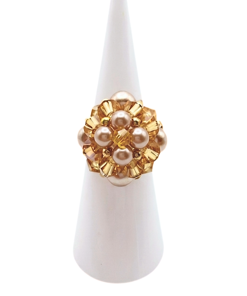 Handmade gold crystal and mocha & champagne pearl cluster cocktail ring on white ring display stand - beaded cocktail ring for women