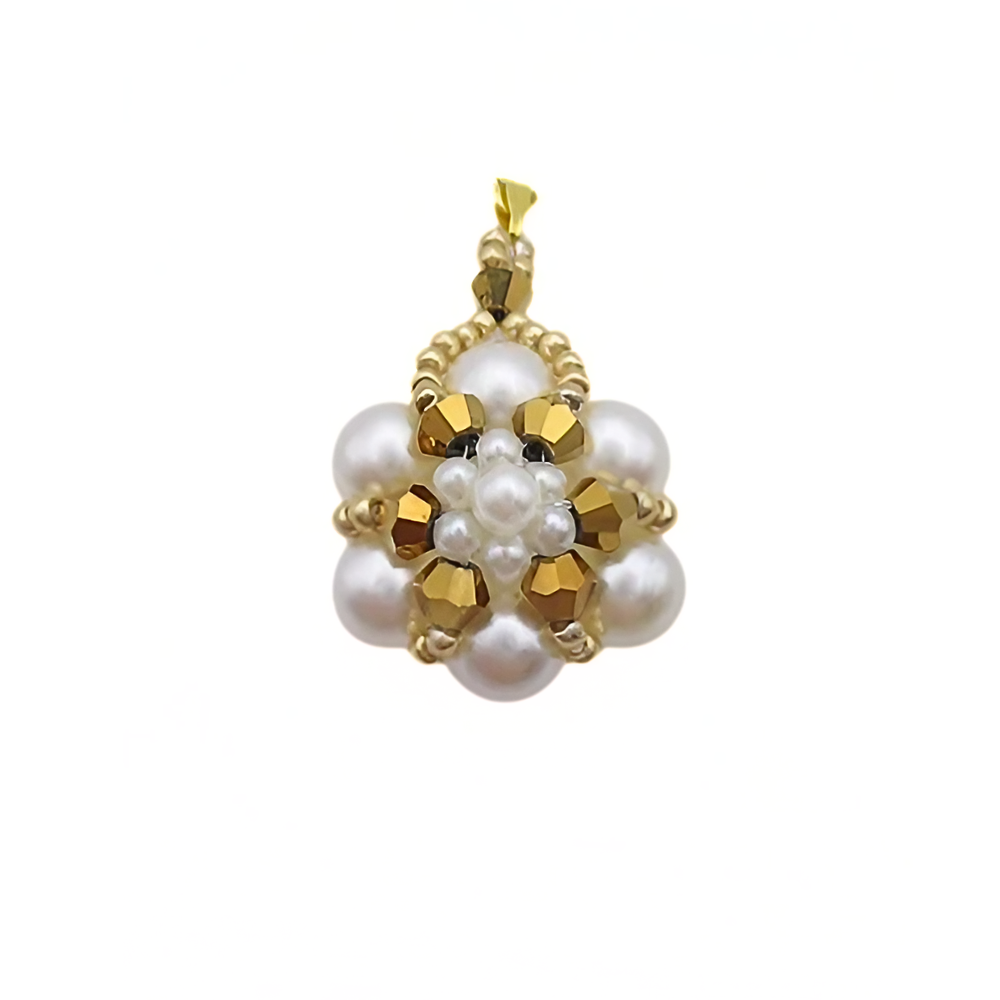 pearl-pendant-gold-crystals Handmade white pearl and gold-tone crystal pendant featuring lustrous white pearls arranged in a floral cluster with metallic gold faceted crystal accents, small seed pearl centre detailing and a gold-tone bail, photographed on a white background.