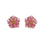 Pink crystal cluster stud earrings with gold-tone accents, handmade star-inspired pentagon design, shown against a white background