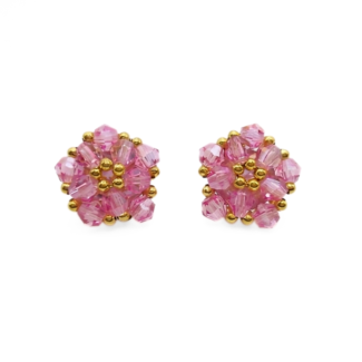 Pink crystal cluster stud earrings with gold-tone accents, handmade star-inspired pentagon design, shown against a white background