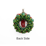The back side of the Christmas wreath pendant – numerous green beads hand-stitched over green crystals, with silver-lined accents.