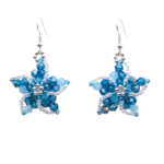 Handmade starfish-shaped beaded earrings featuring pastel blue and ocean blue AB-coated crystal beads with white seed bead edging and silver hook findings, shown as a matching pair on a white background.