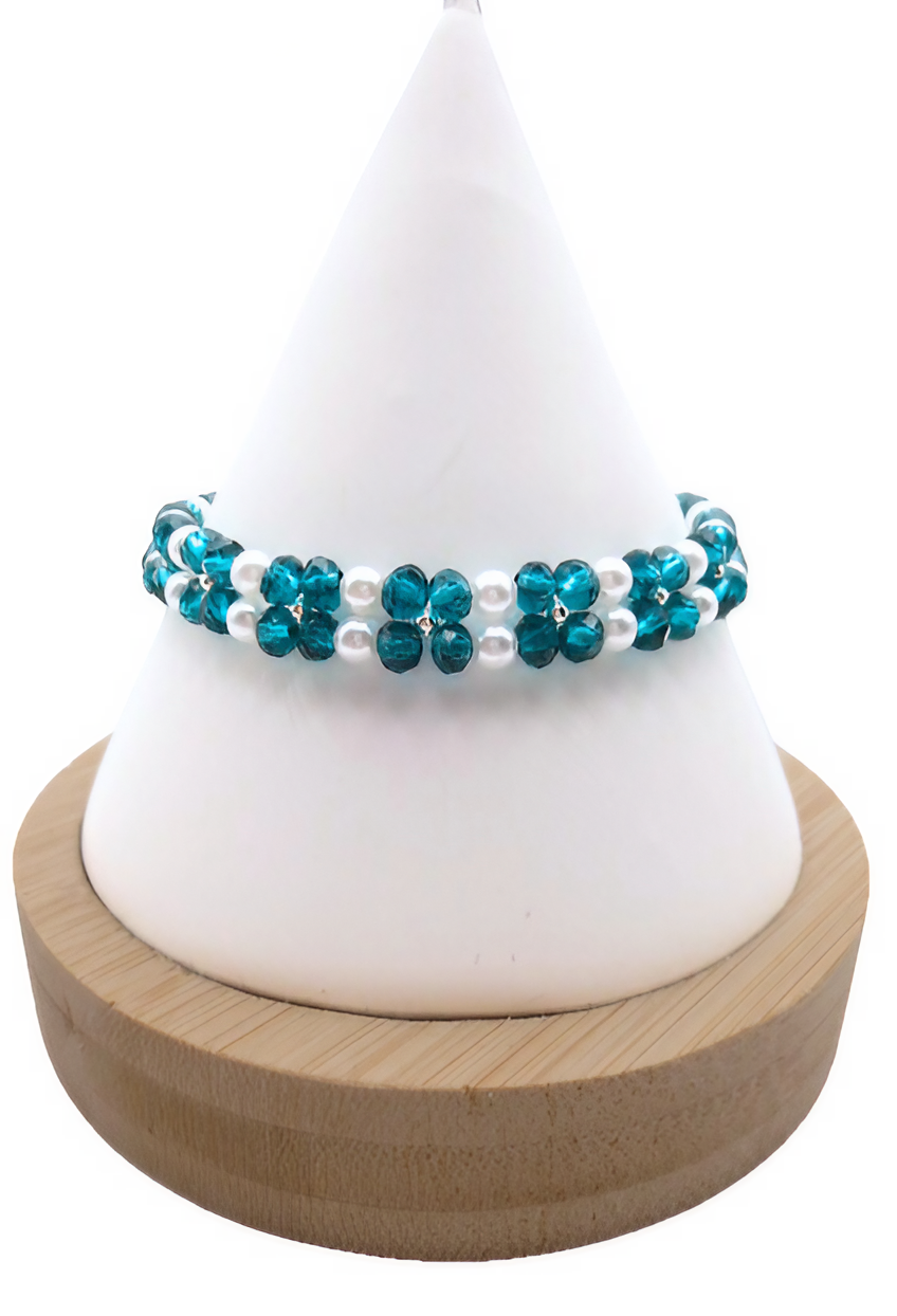 Blue green crystals and pearls bracelet handmade jewellery