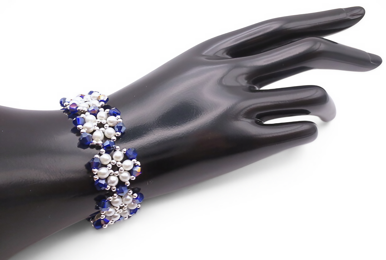 2. up Metallic blue crystals and white pearls bracelet handmade jewellery