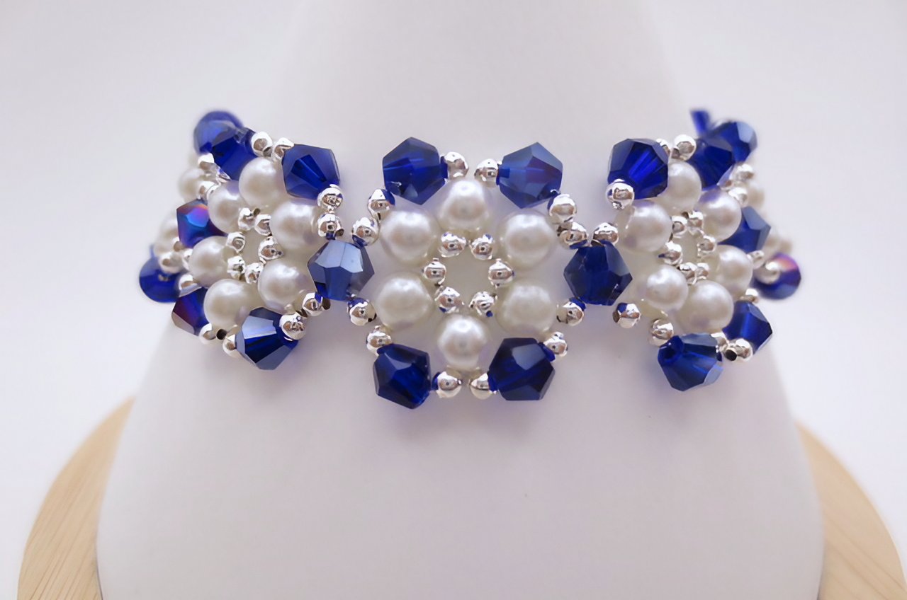 3. up Metallic blue crystals and white pearls bracelet handmade jewellery