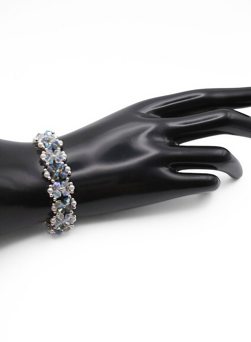 Clear grey multi reflective crystals and pearls bracelet handmade jewellery