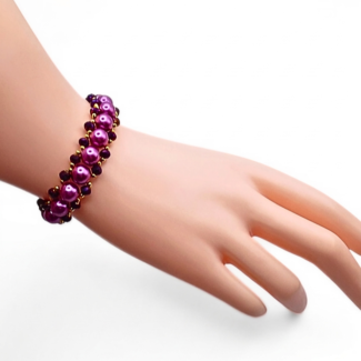 Handcrafted purple pearl & metallic purple crystal bracelet - large lustrous purple pearls and deep metallic purple faceted crystals woven together with gold seed bead accents in a bold, full cluster design. A vibrant, feminine artisan statement bracelet.