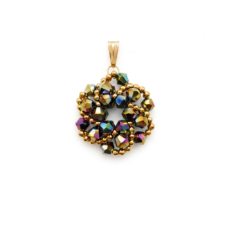 Handmade crystal pendant with iridescent multi-colored metallic beads and gold-coloured accents, displayed against a white background.