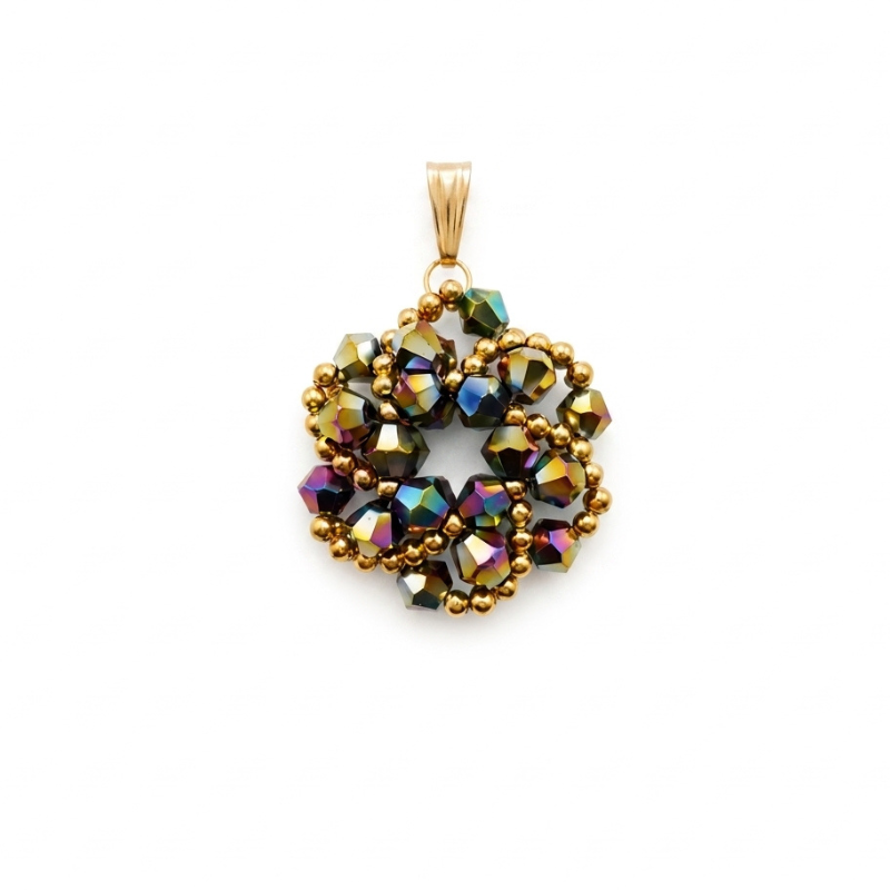 Handmade crystal pendant with iridescent multi-colored metallic beads and gold-coloured accents, displayed against a white background.